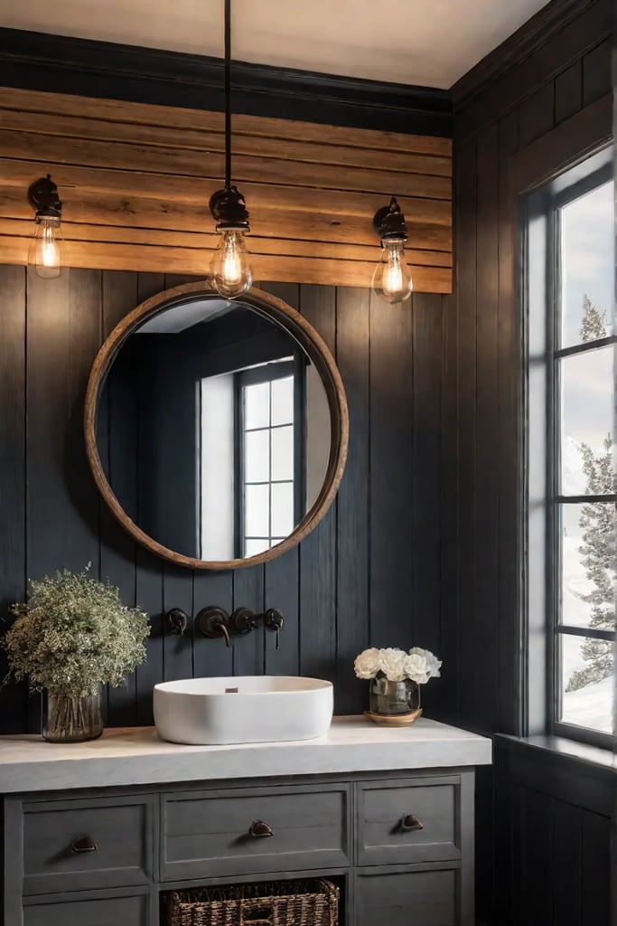 Farmhouse bathroom with shiplap walls and dark wood vanity
