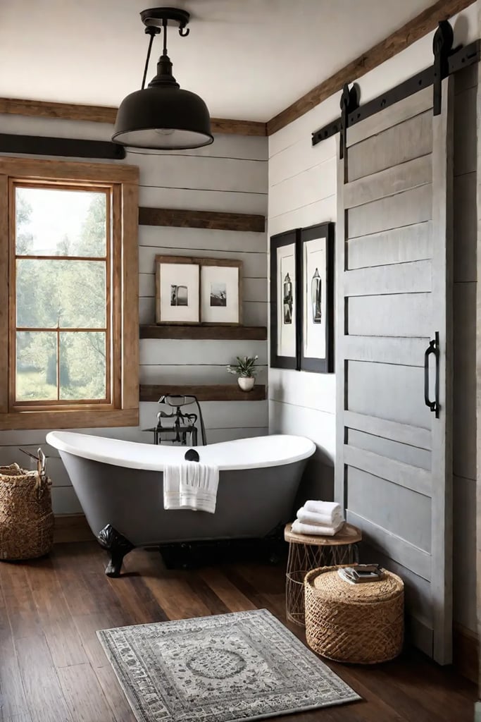 Farmhouse bathroom with sliding barn door and vintage sconces