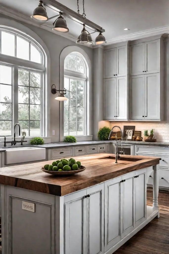 Farmhouse kitchen island with butcher block countertop and farmhouse sink