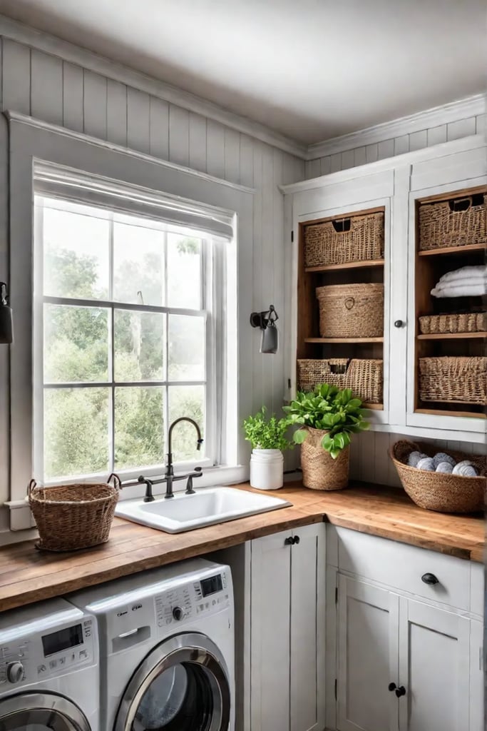 Farmhouse laundry room with rustic wood accents and vintage sink