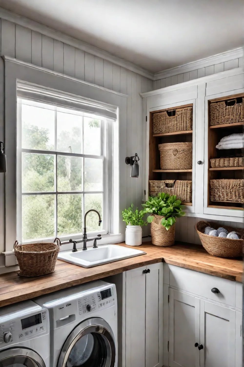 Farmhouse laundry room with rustic wood accents and vintage sink