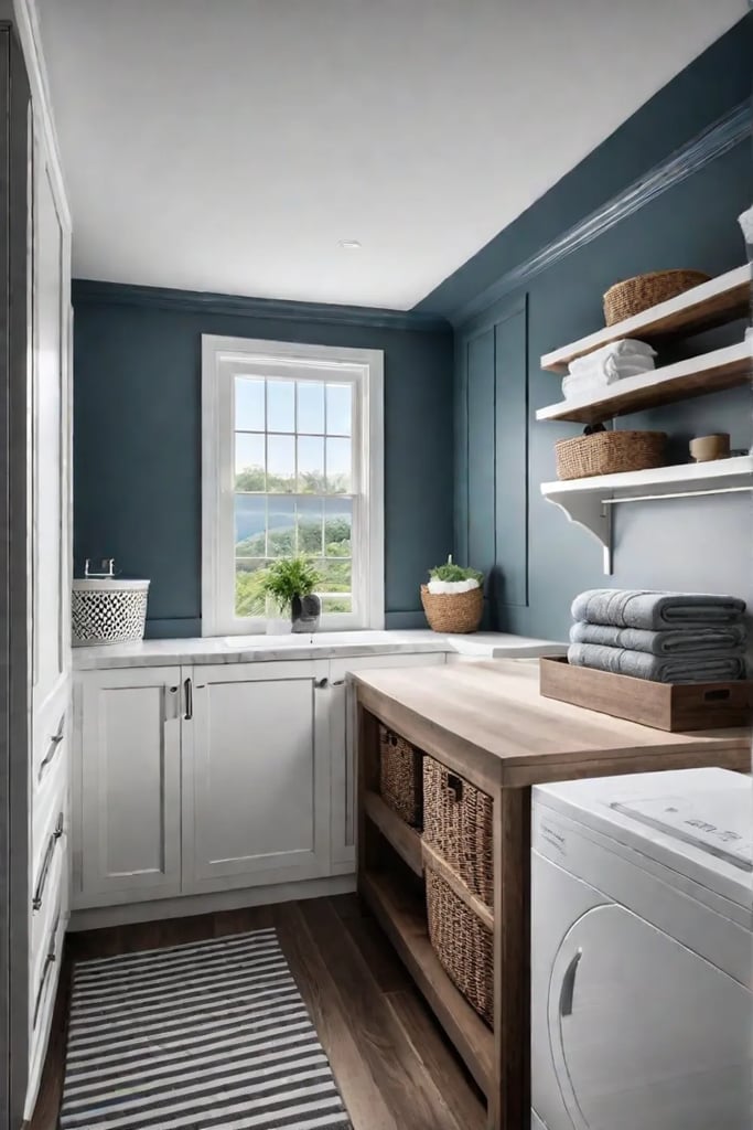 Farmhousestyle laundry room with builtin hamper and pullout shelf