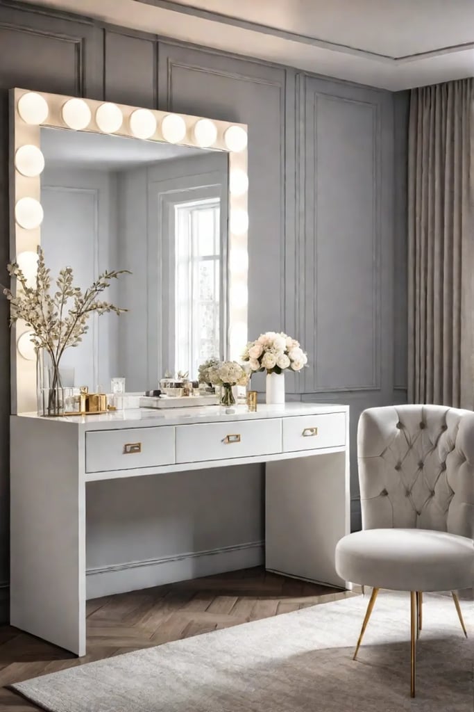 Feminine bedroom with a vanity area