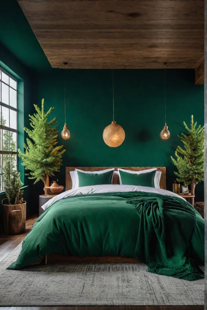 Forestinspired bedroom with green walls tree mural and natural wood furniture