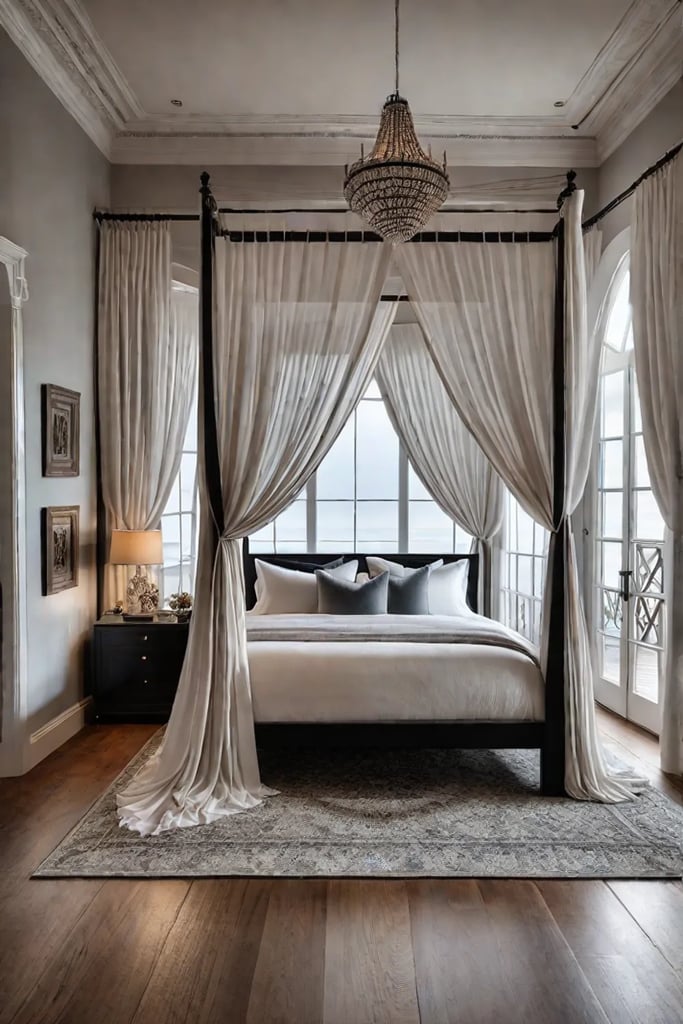 Fourposter bed with linen curtains in a rustic bedroom