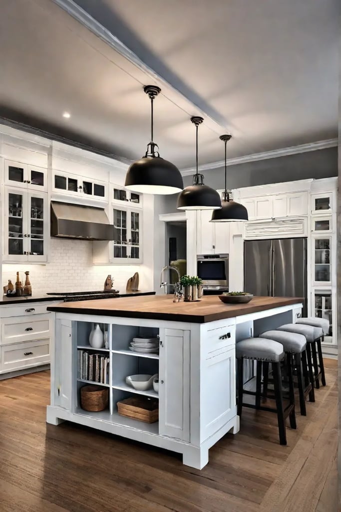 Freestanding kitchen island with cabinets drawers and open shelves