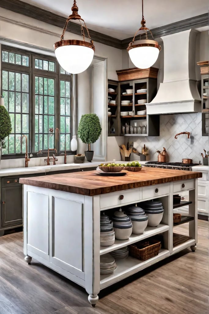 French country kitchen island with distressed white base and butcher block top