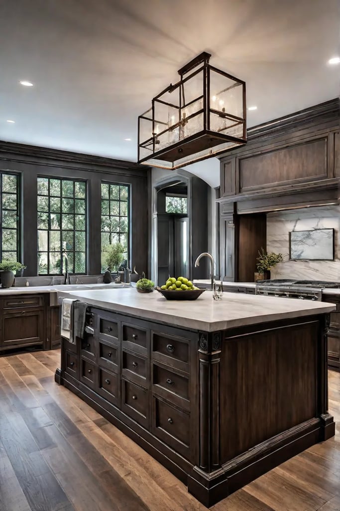 French country kitchen island with distressed wood and natural stone