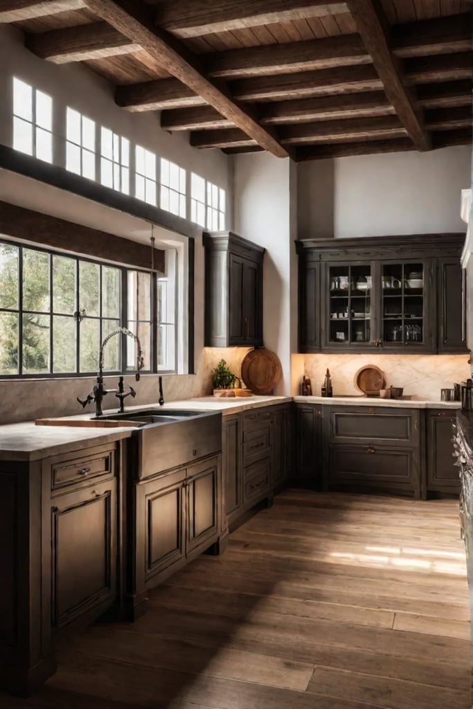 French country kitchen with stone and wood features and a vintage range