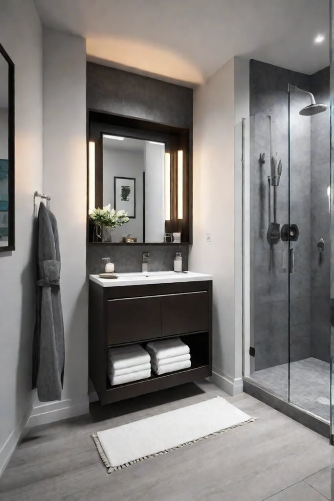Functional and wellorganized small bathroom with floating vanity and linen cabinet