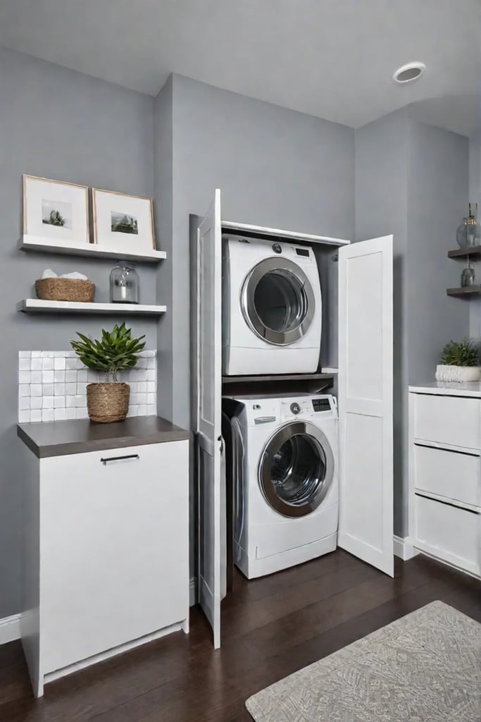 Functional laundry closet with folddown ironing board and gray walls