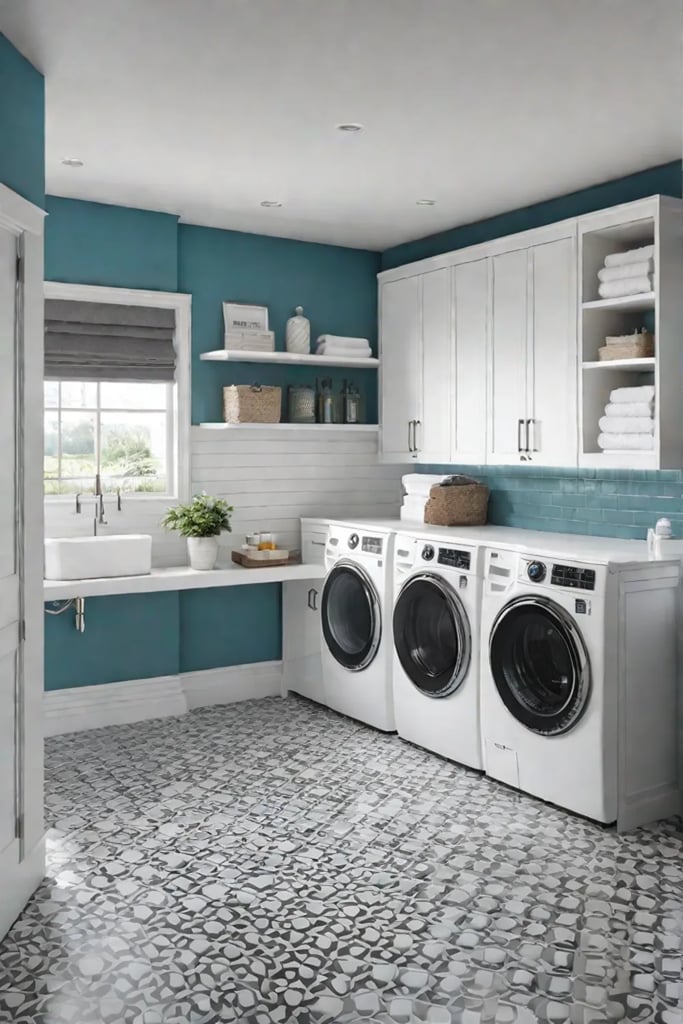 Functional laundry room with tiled floor and handheld showerhead