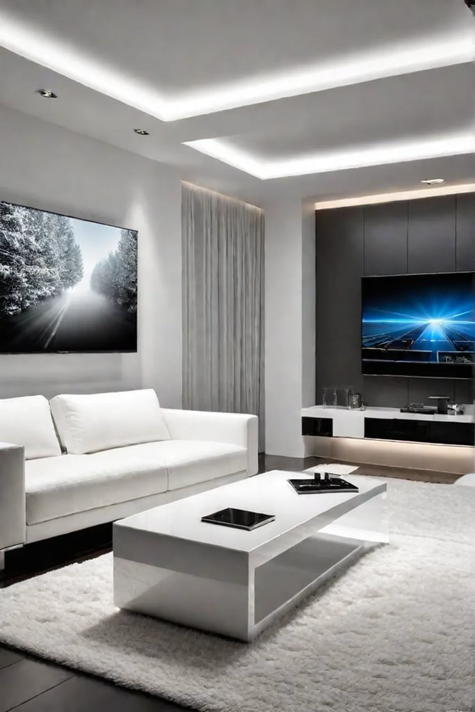Futuristic living room with white leather sofa and chrome coffee table