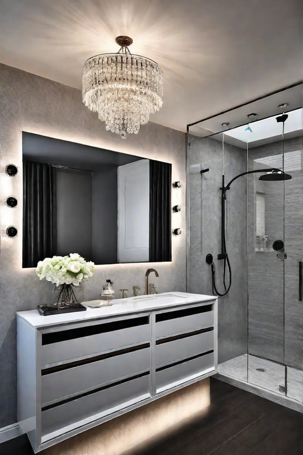 Glamorous bathroom with opulent lighting