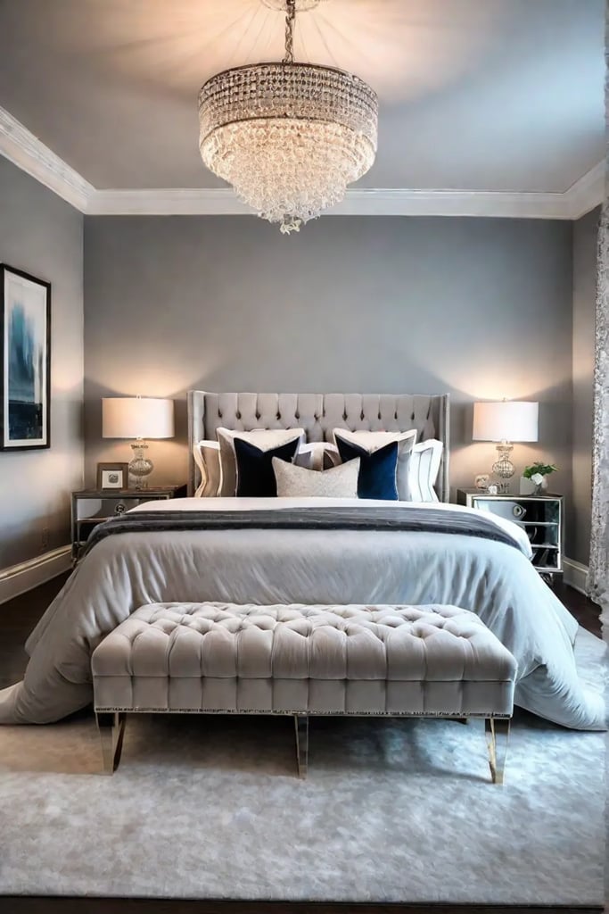 Glamorous bedroom with mirrored furniture and velvet headboard