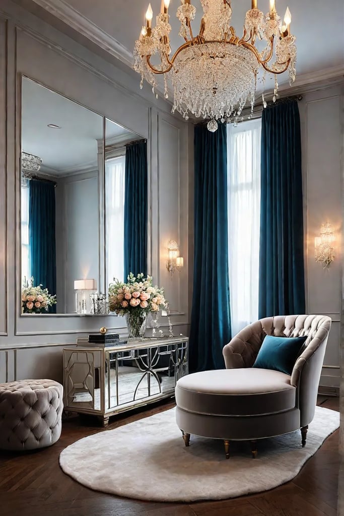 Glamorous reading nook with velvet chaise lounge