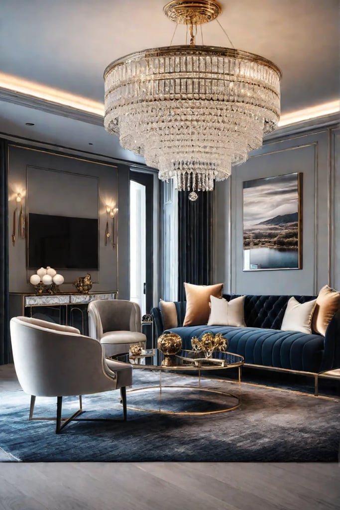 Glamstyle living room with velvet upholstery and metallic accents