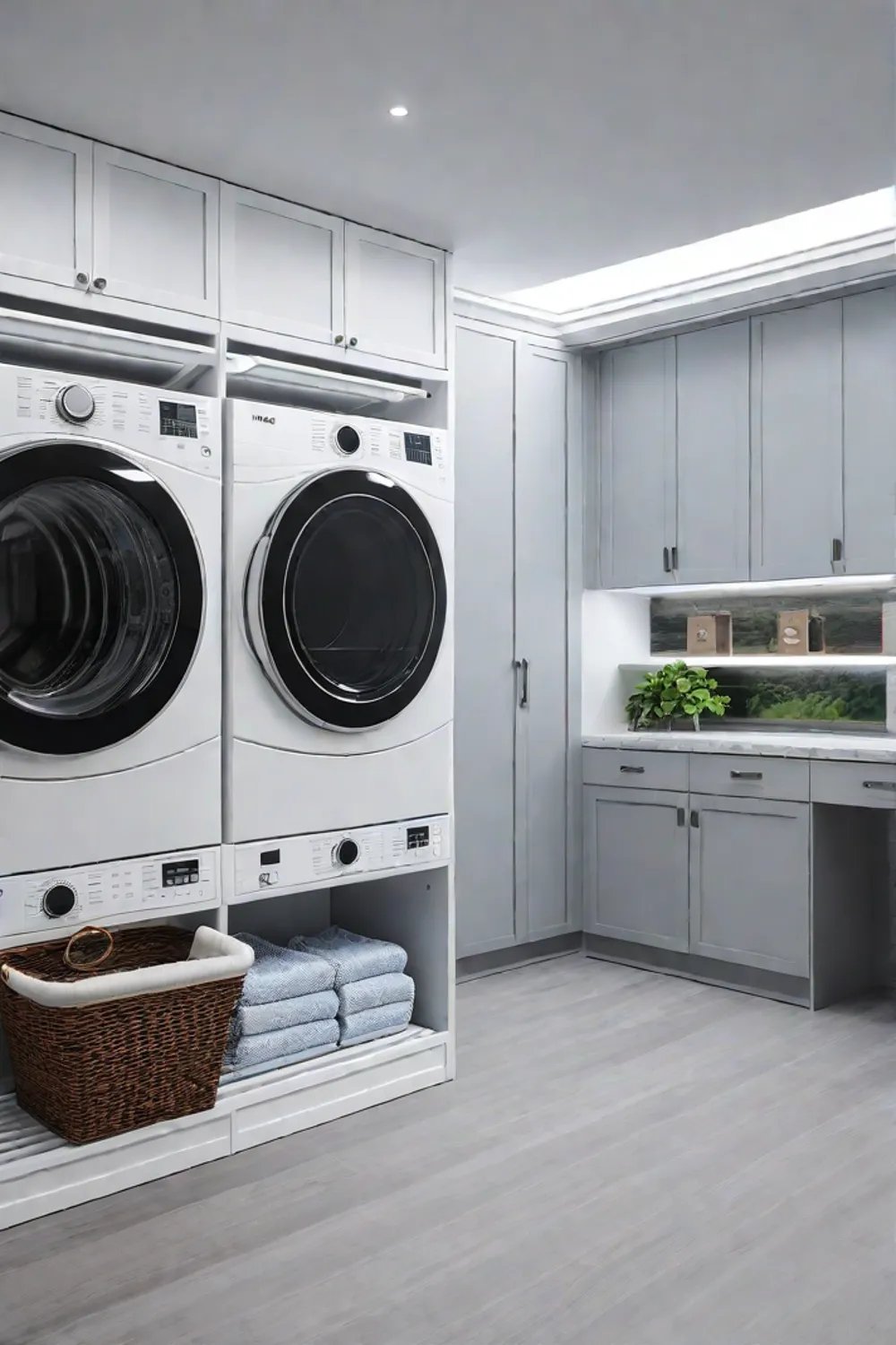 Green laundry space with drying rack and LED lighting