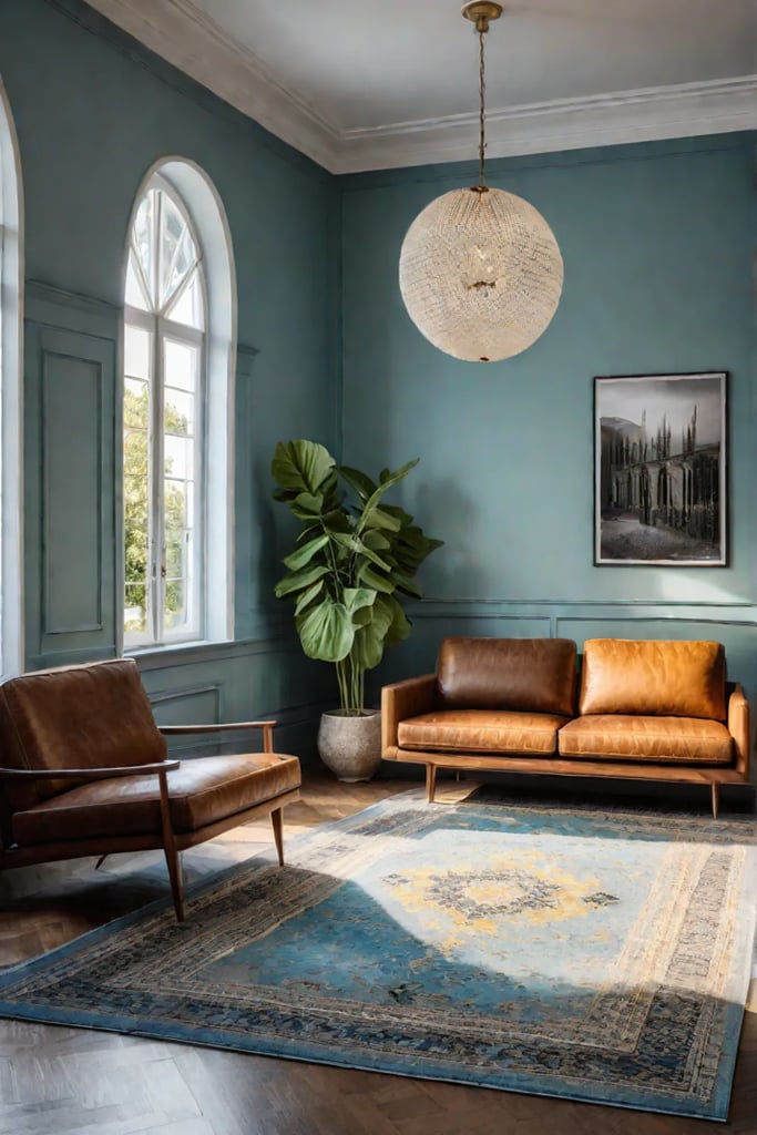 Green walls brown sofa and a patterned rug in a balanced color scheme
