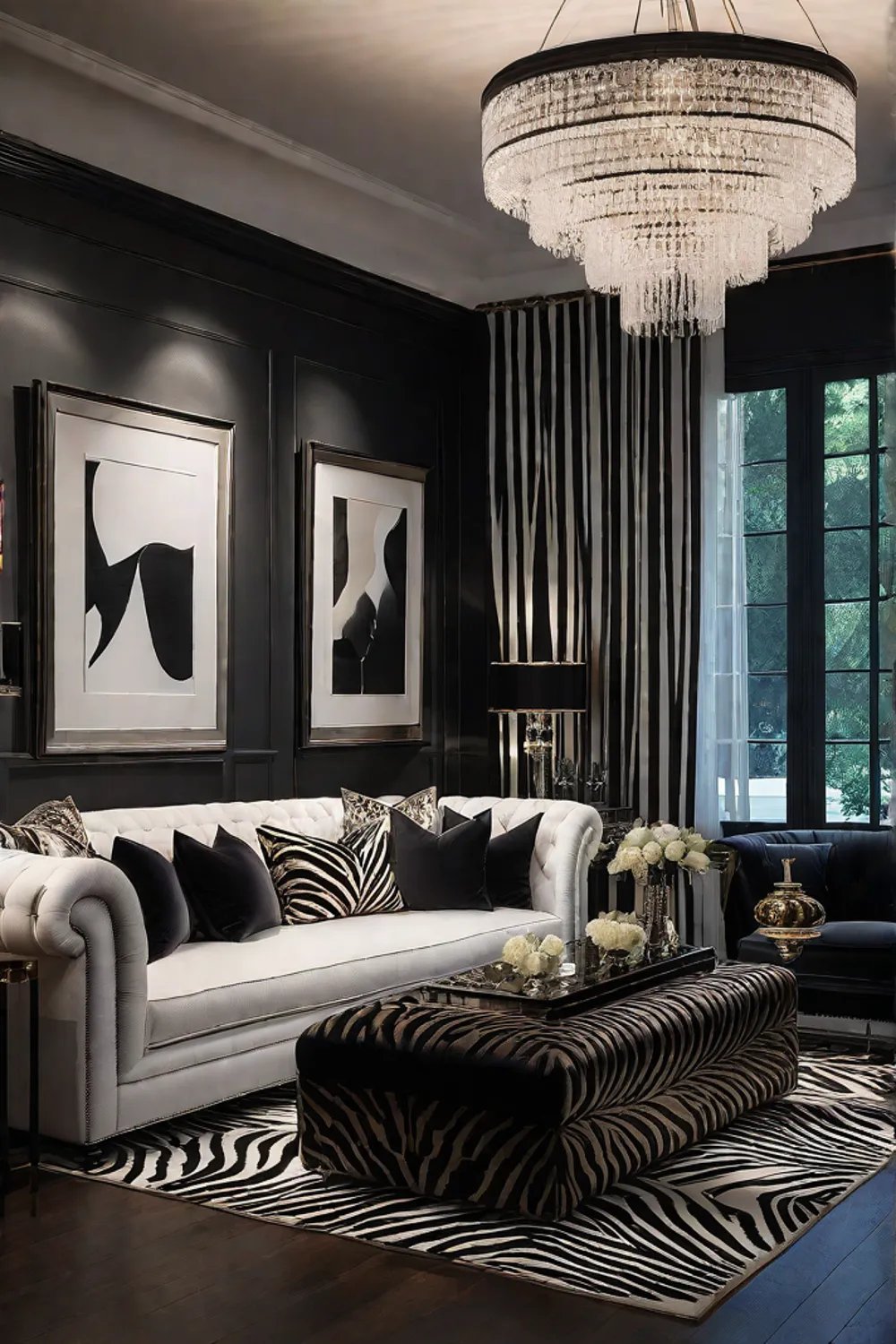 Hollywood Regency living room with mirrored sofa and zebraprint rug