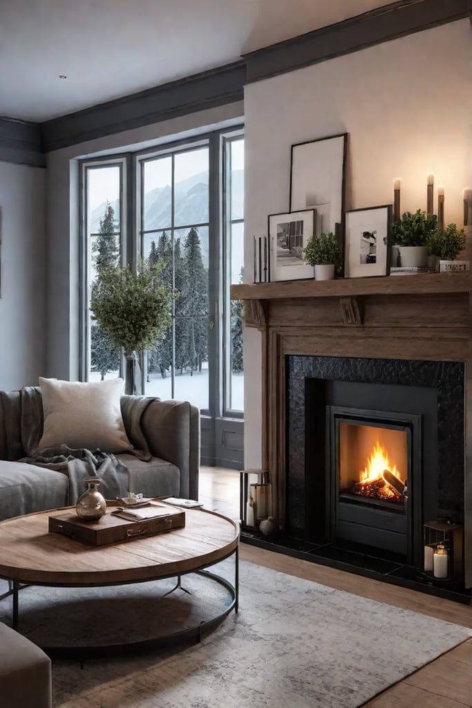 Hyggeinspired living room with cozy textiles and fireplace