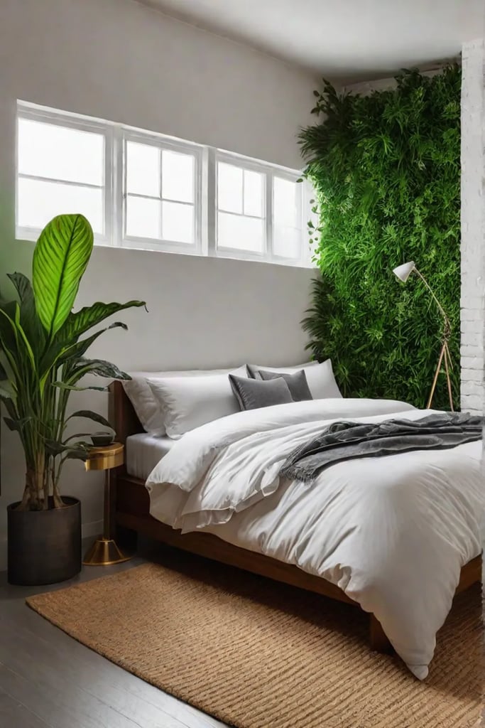 Hypoallergenic bedroom with airpurifying plants and natural flooring