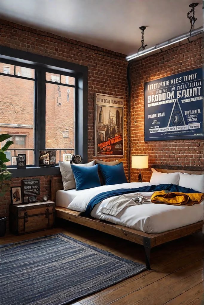 Industrial bedroom with exposed brick and vintage posters