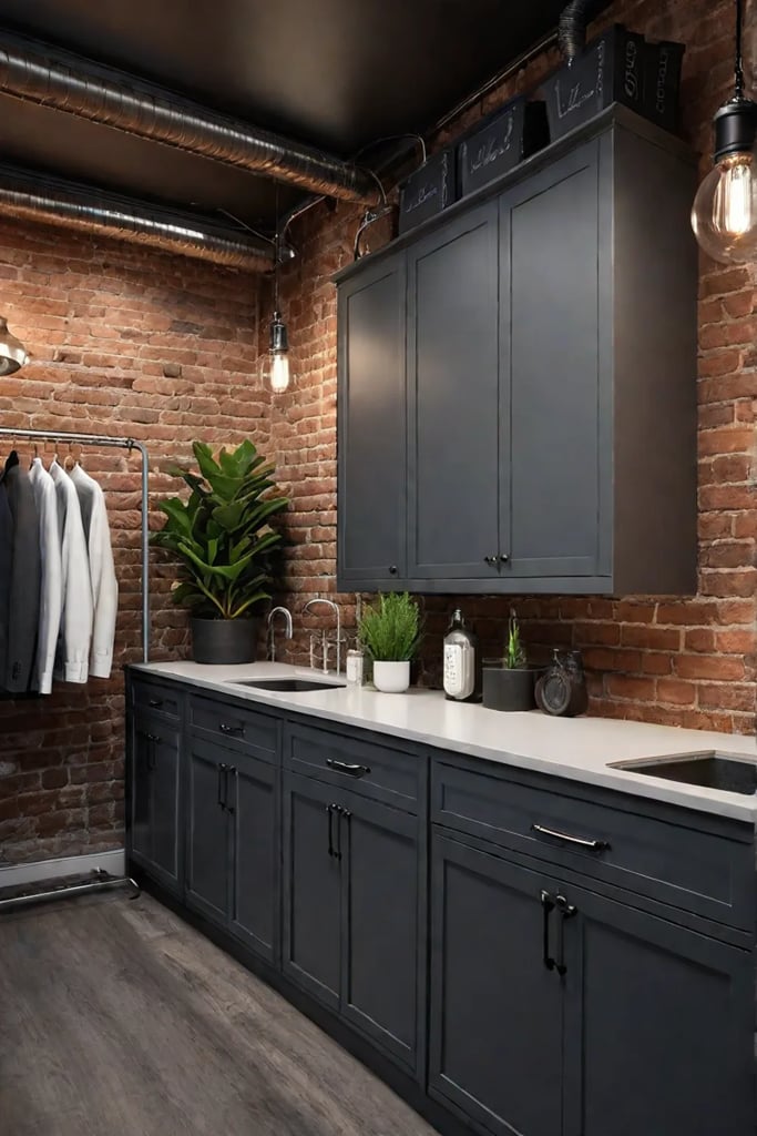 Industrial laundry room with exposed brick and metal shelving