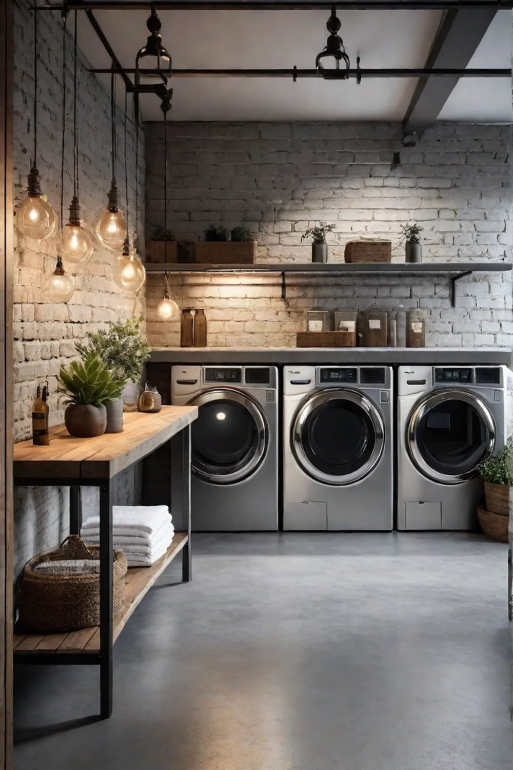 Industrialstyle laundry room with exposed brick