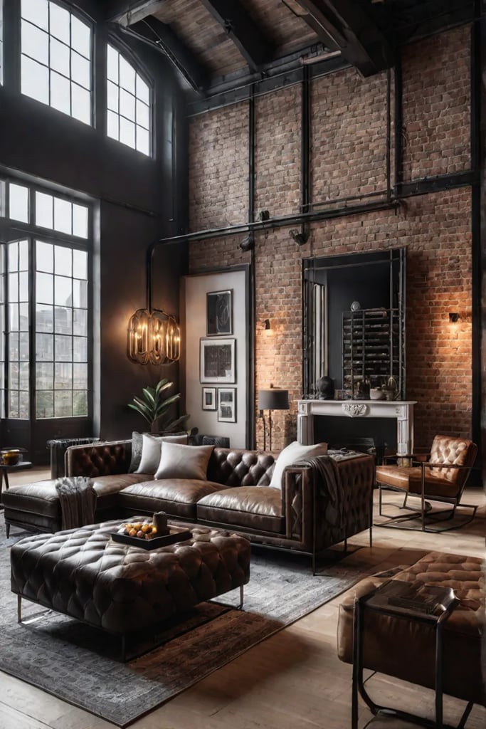 Industrialstyle living room with exposed brick walls and leather furniture