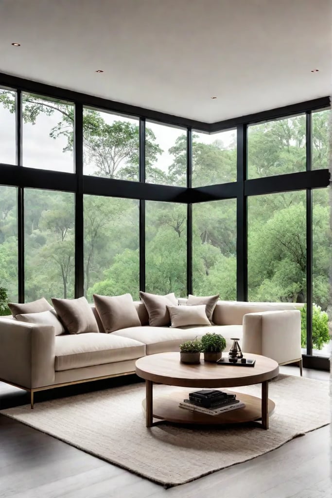 Inviting living room with a neutral color palette and natural views