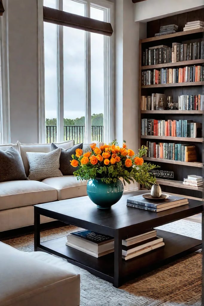 Inviting living room with cozy sofa and vintage bookcase