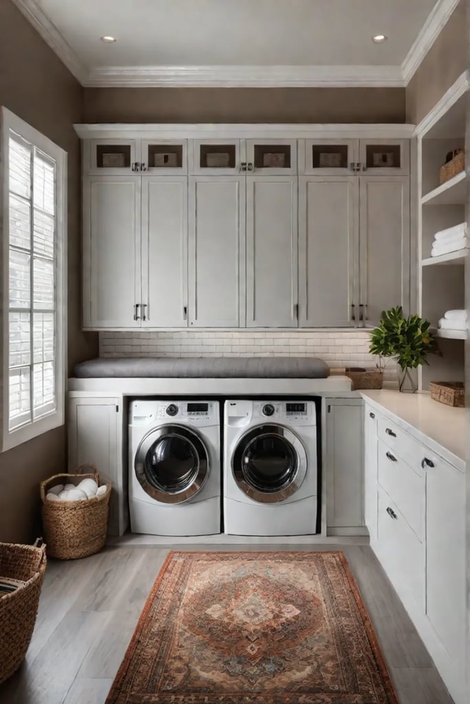 Inviting laundry room with plush rug and warm paint colors