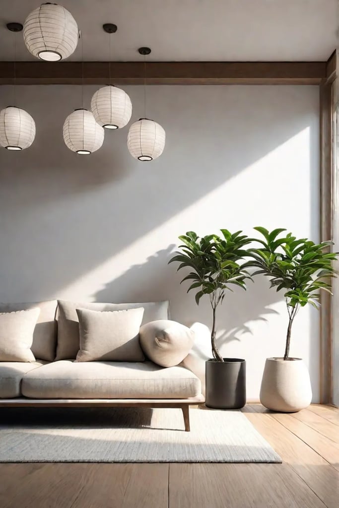 Japandi living room with lowprofile sofa and tatami mat