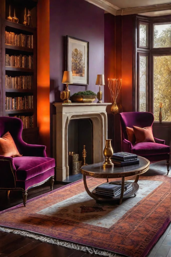 Jeweltoned living room with orange walls