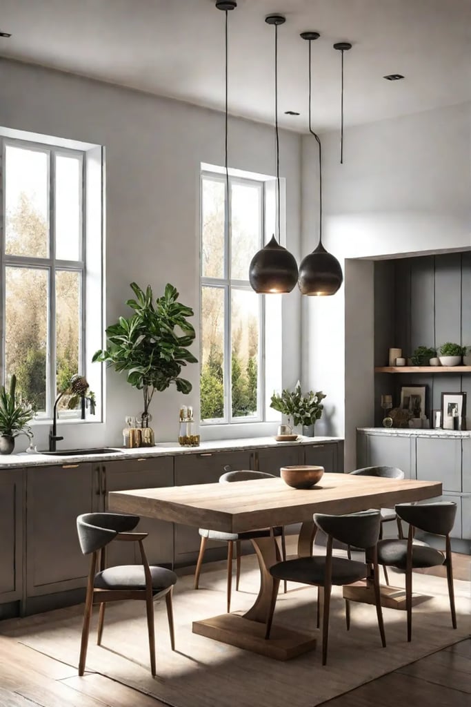Kitchen breakfast nook with pendant and recessed lighting