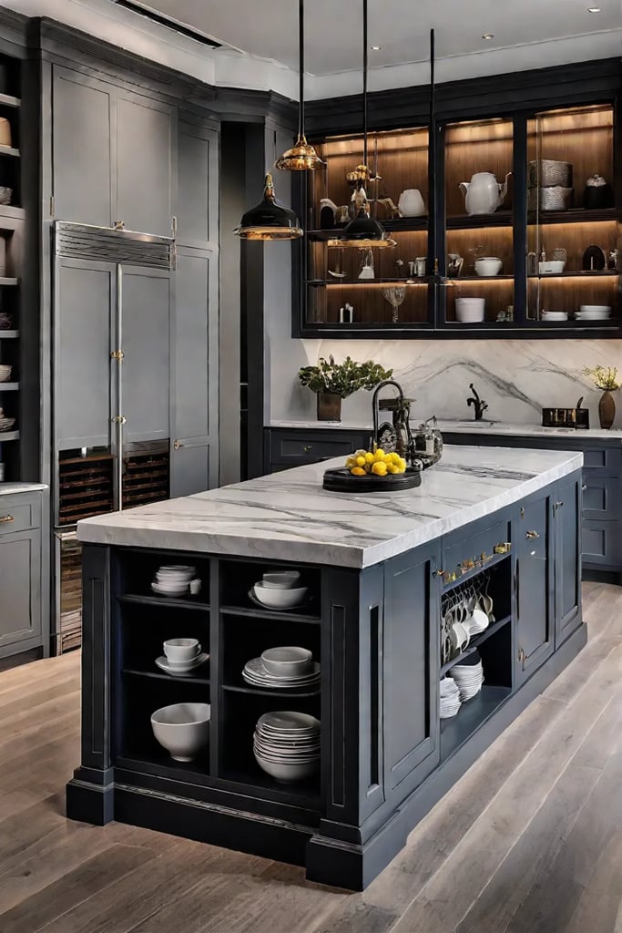 Kitchen island with builtin display cabinet