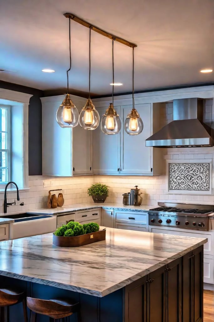 Kitchen island with pendant lights providing ideal task lighting