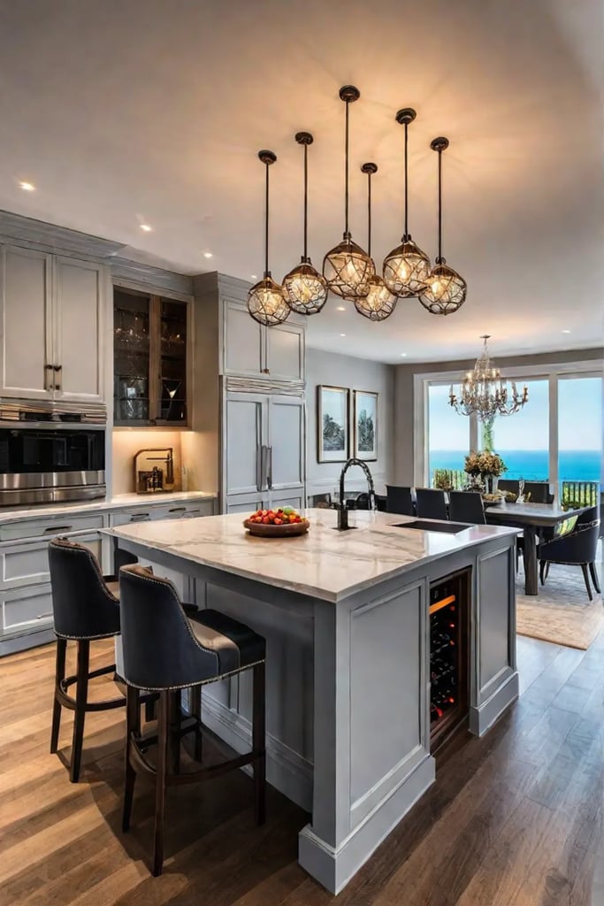 Kitchen island with wine fridge and bar seating