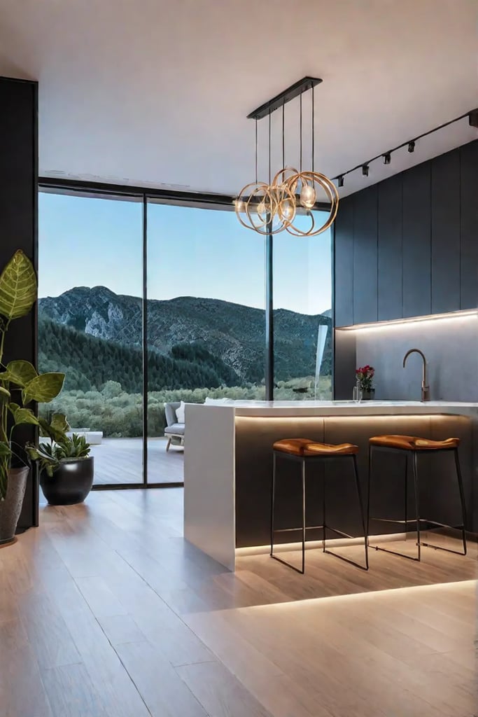 Kitchen showcasing a combination of recessed track and pendant lighting for versatile