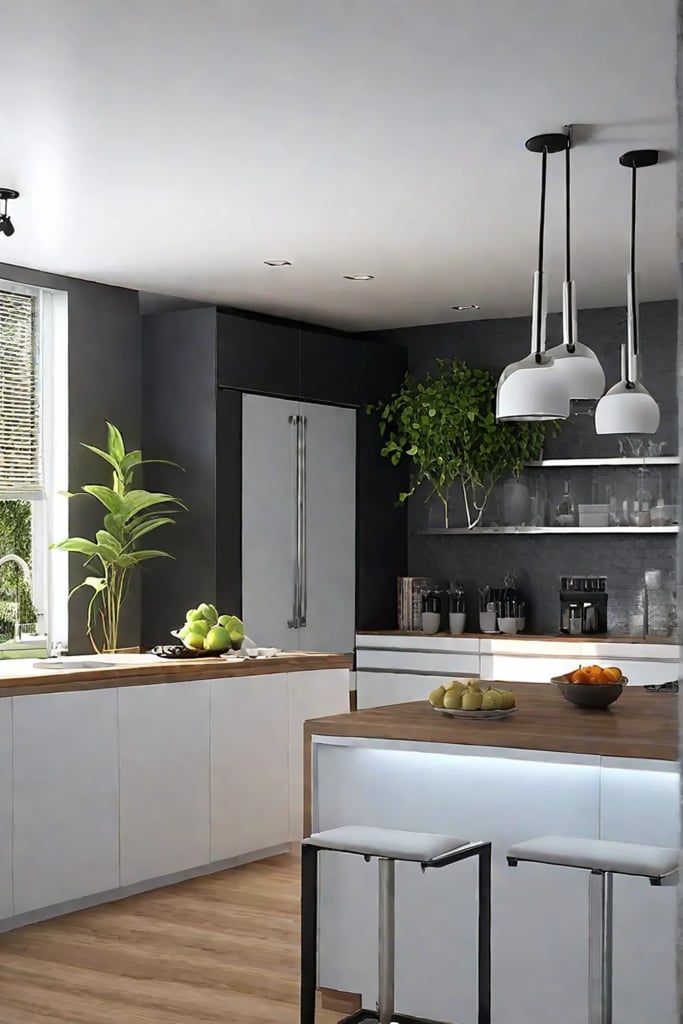 Kitchen with a mix of warm and cool lighting for both ambiance