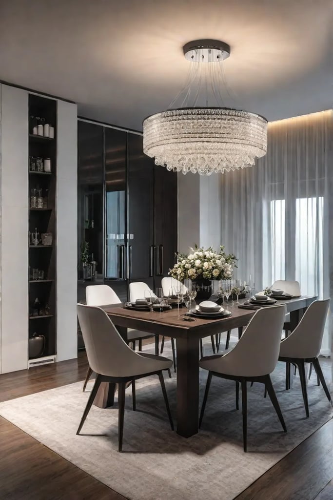 Kitchen with a statement chandelier as a focal point and art piece