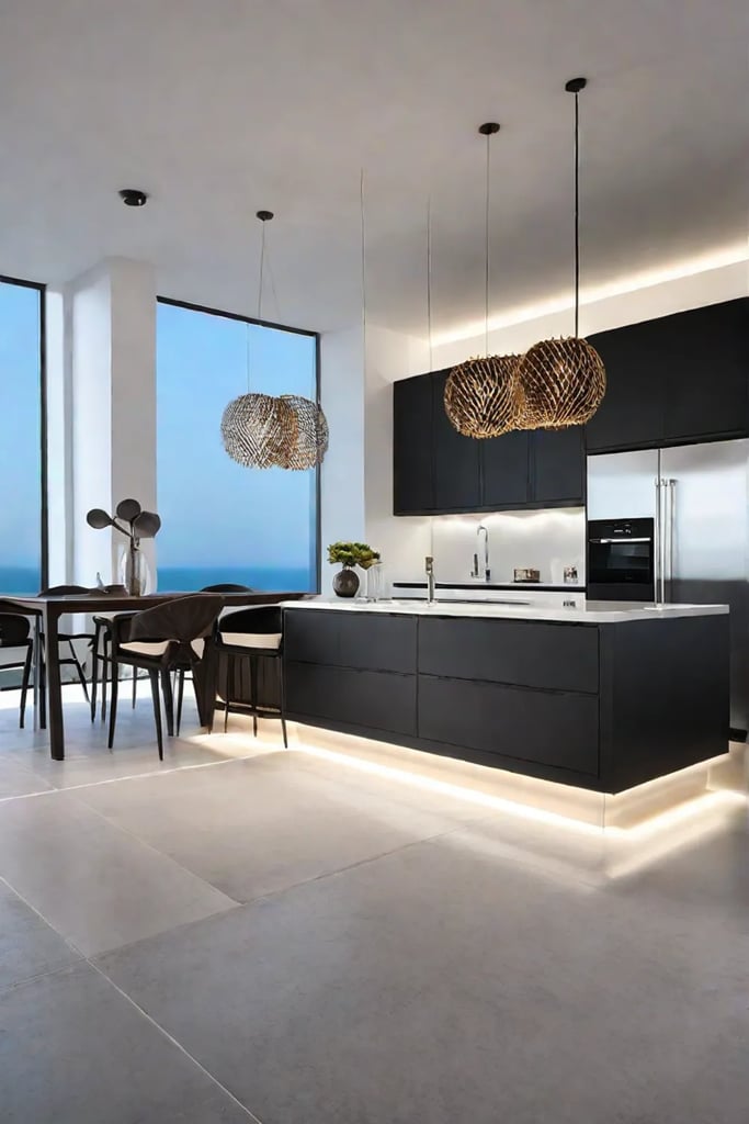 Kitchen with pendant lights creating interesting shadows for added depth