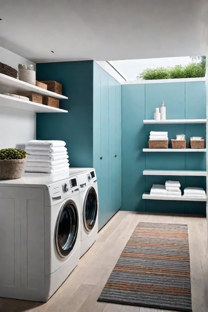 Laundry room under stairs with builtin storage and stackable appliances