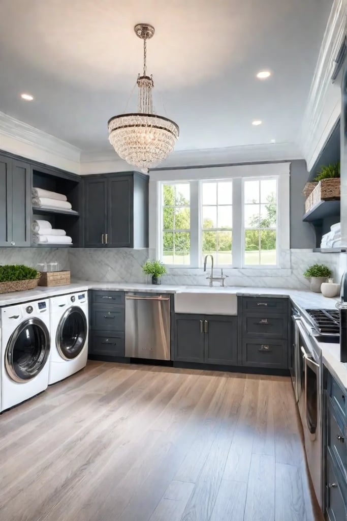 Laundry room with marble countertops and hardwood floors