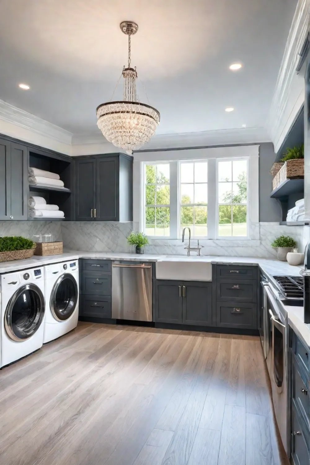 Laundry room with marble countertops and hardwood floors