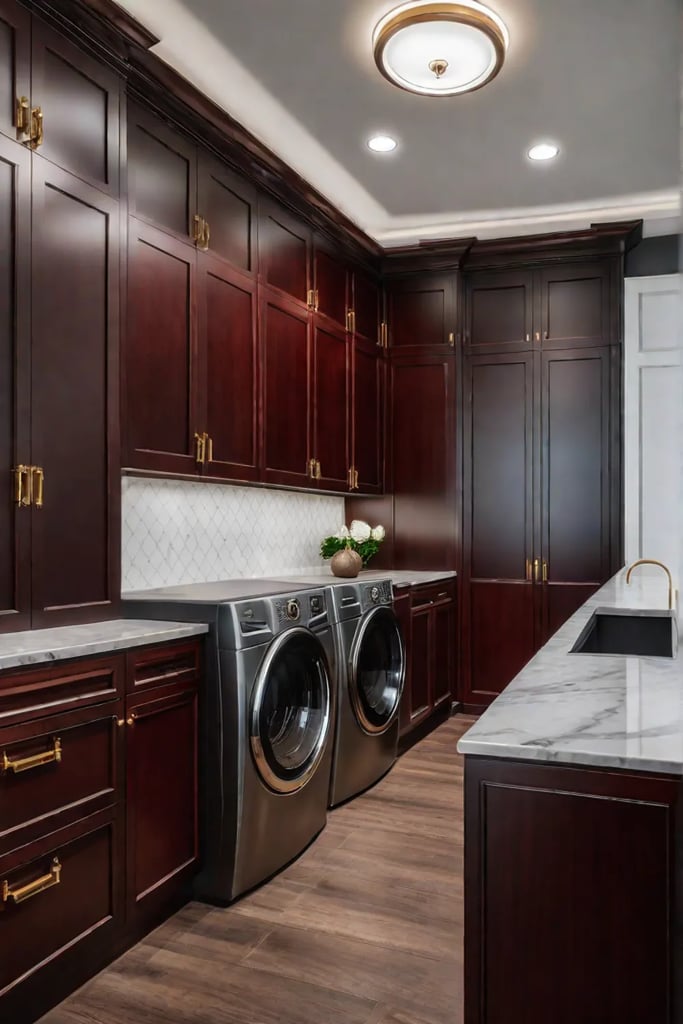 Laundry room with quartz countertops and dark hardwood floors