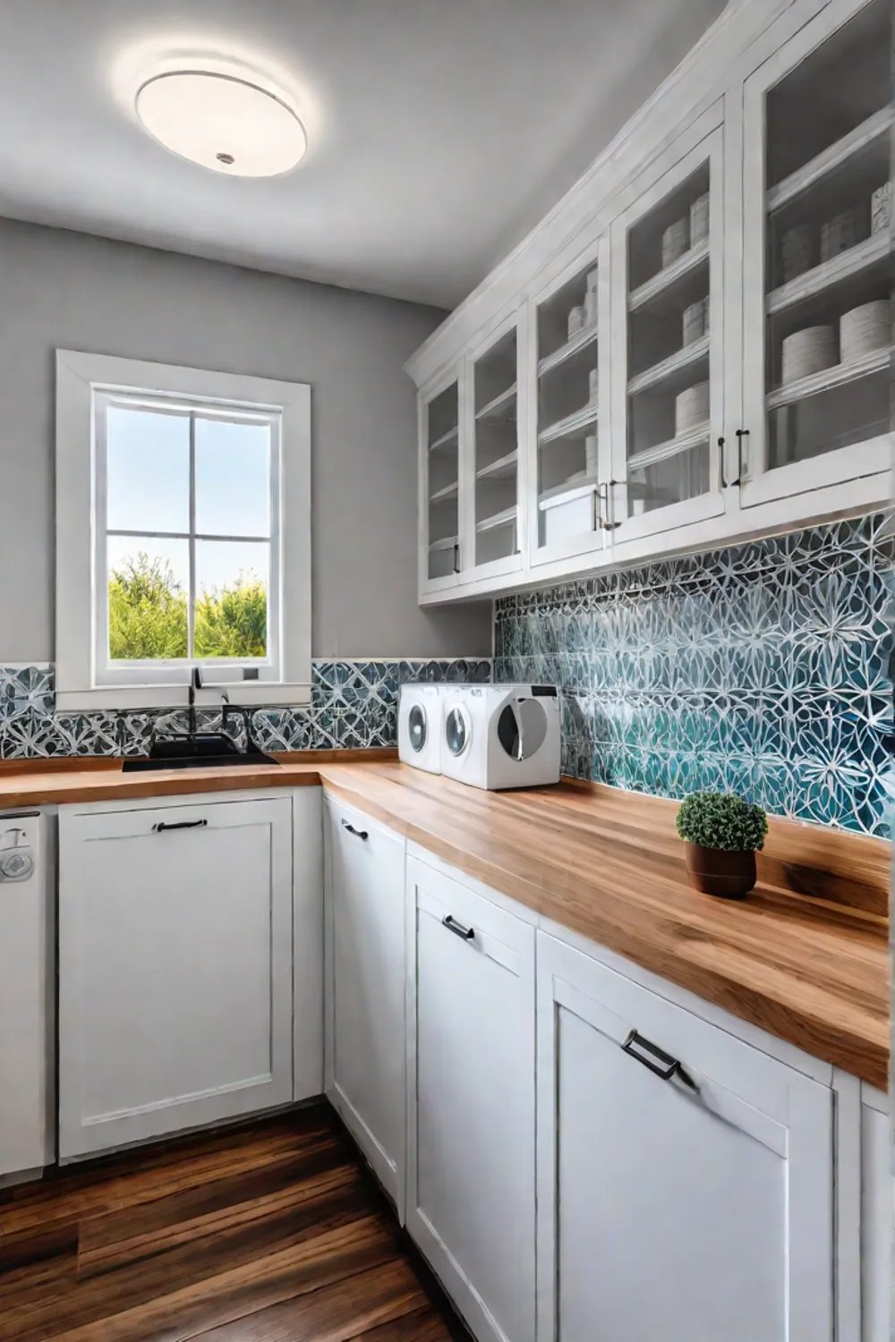 Laundry room with ample counter space and garden view