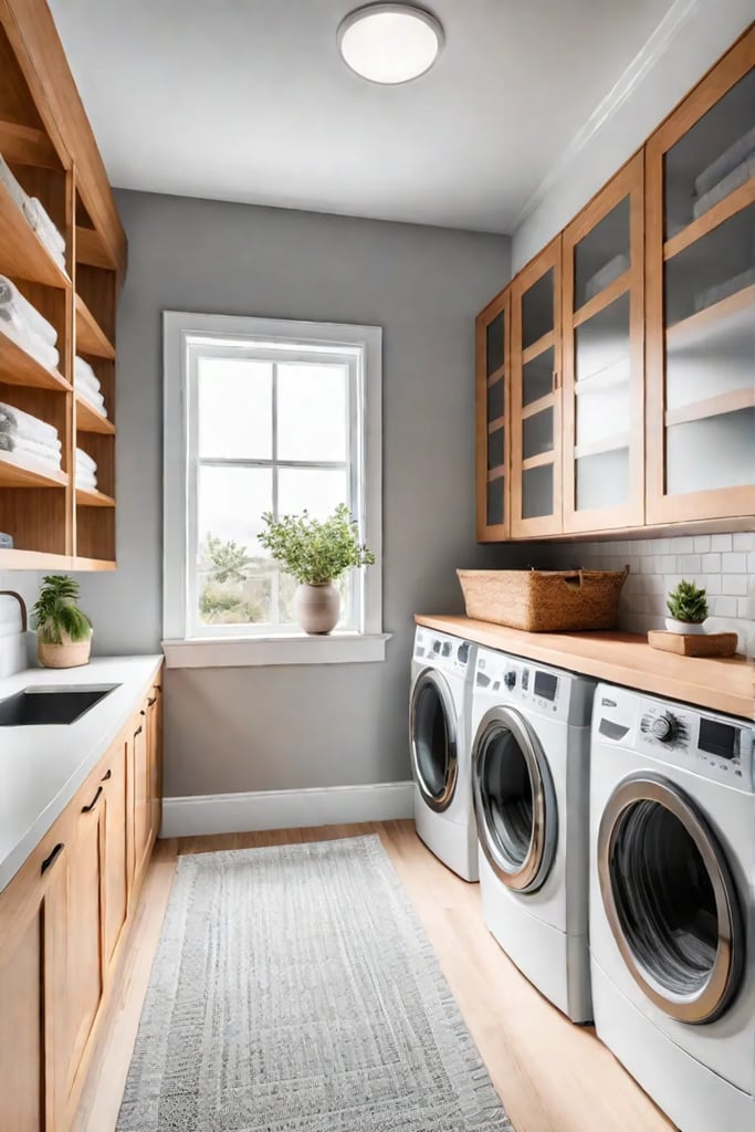 Laundry room with ample natural light and organized storage solutions