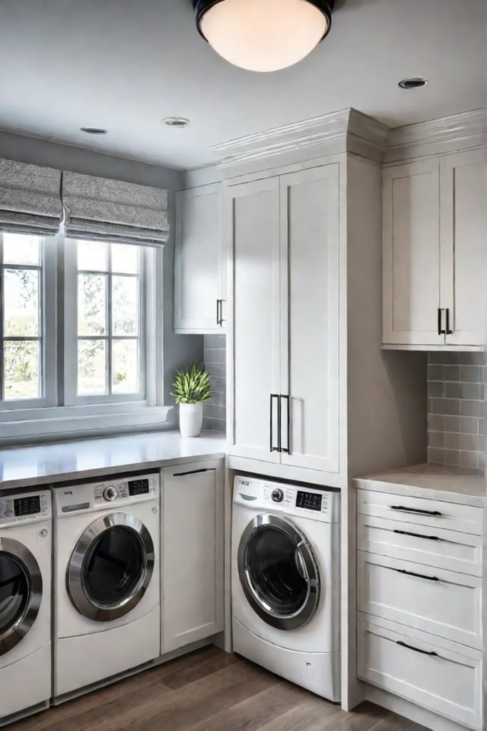 Laundry room with custom builtin cabinets and organized storage